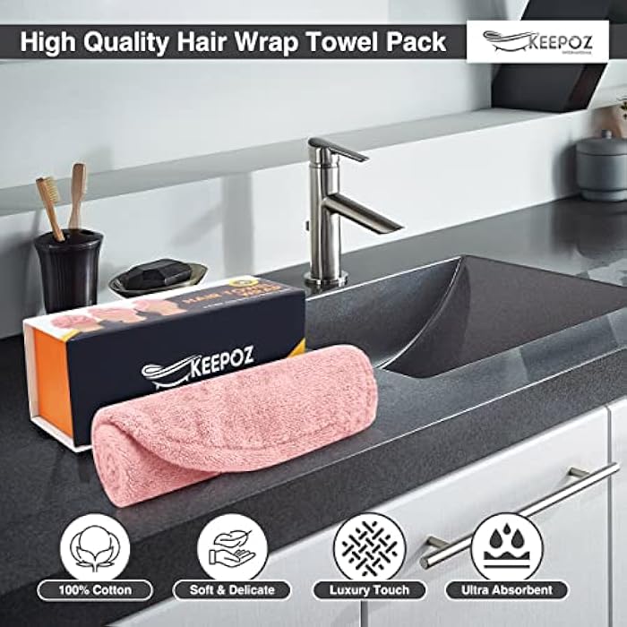 KEEPOZ Zero Twist 100% Cotton Hair Towel Wrap, Terrycloth Hair Turban Rapid Drying Towel for Hair with Button, Anti Frizz Hair Towel with Elastic Strap, Cap for Long & Thick Hair (Pink) - Image 4